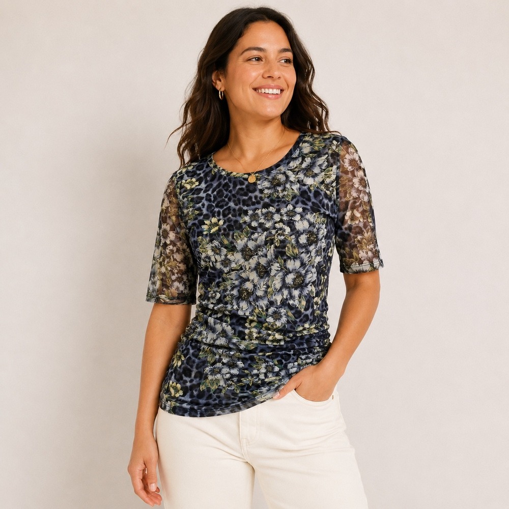 White House Black Market Mesh Top Blue Leopard Floral Ruched‎ Short Sleeve S